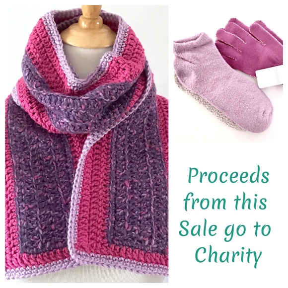Hand Crafted Crocheted Scarf Purples & Cozy Socks Gloves - Proceeds To Charity - Picture 1 of 8
